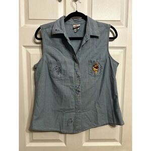 VTG Disney Winnie the Pooh Denim Shirt L 90s Collar Sleeveless Embroidery Floral
